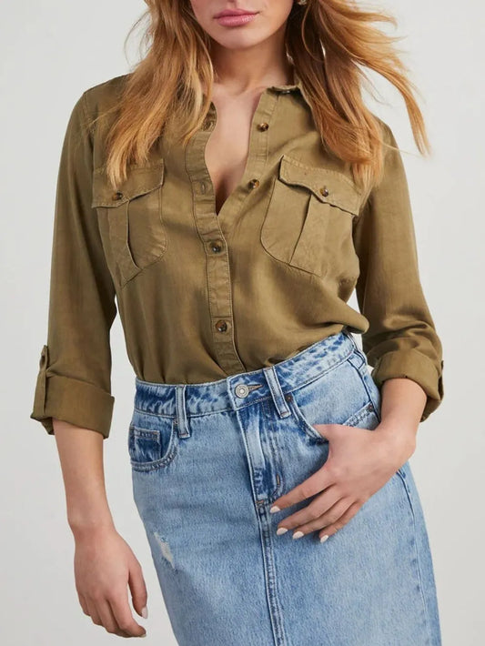 Collared Neck Button Down Denim Top